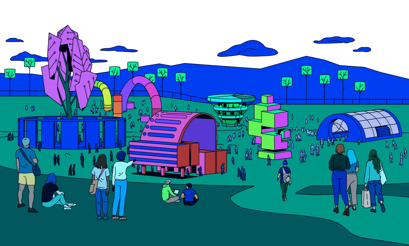 AI Fest festival grounds at night illustration