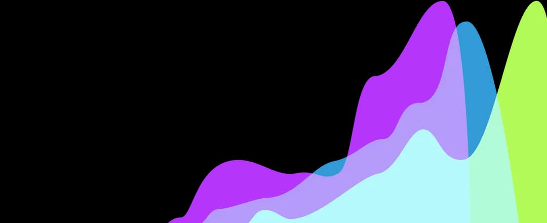 Abstract overlapping area chart in purple, blue, cyan, and lime rising toward the right, representing model-performance distributions.