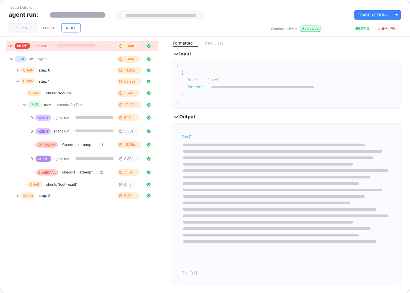Agent run trace detail for 'jirabotAgent' showing steps to read a Slack thread, search Jira, and create an issue, with input/output data.