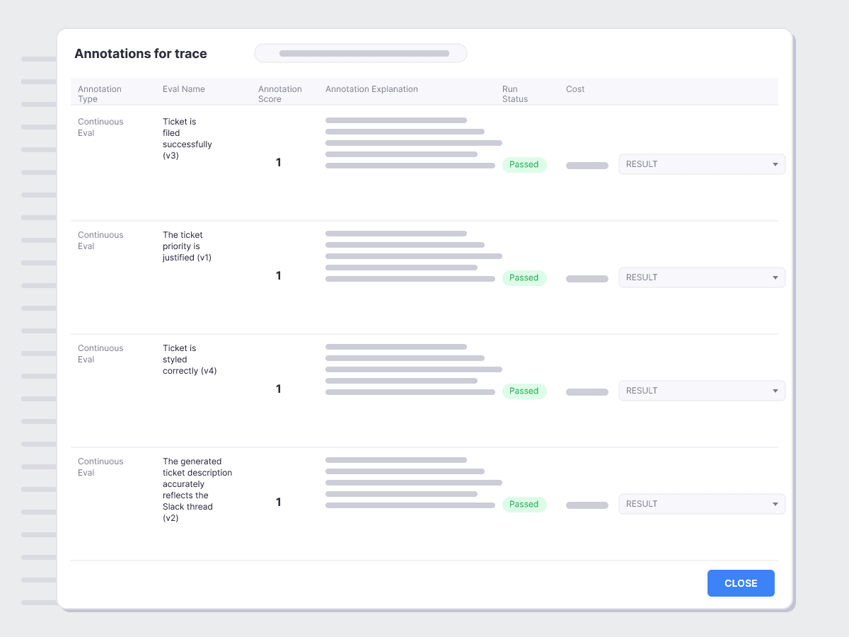 Annotations table showing four continuous evaluation entries with eval names, scores, explanations, passed status, and costs.