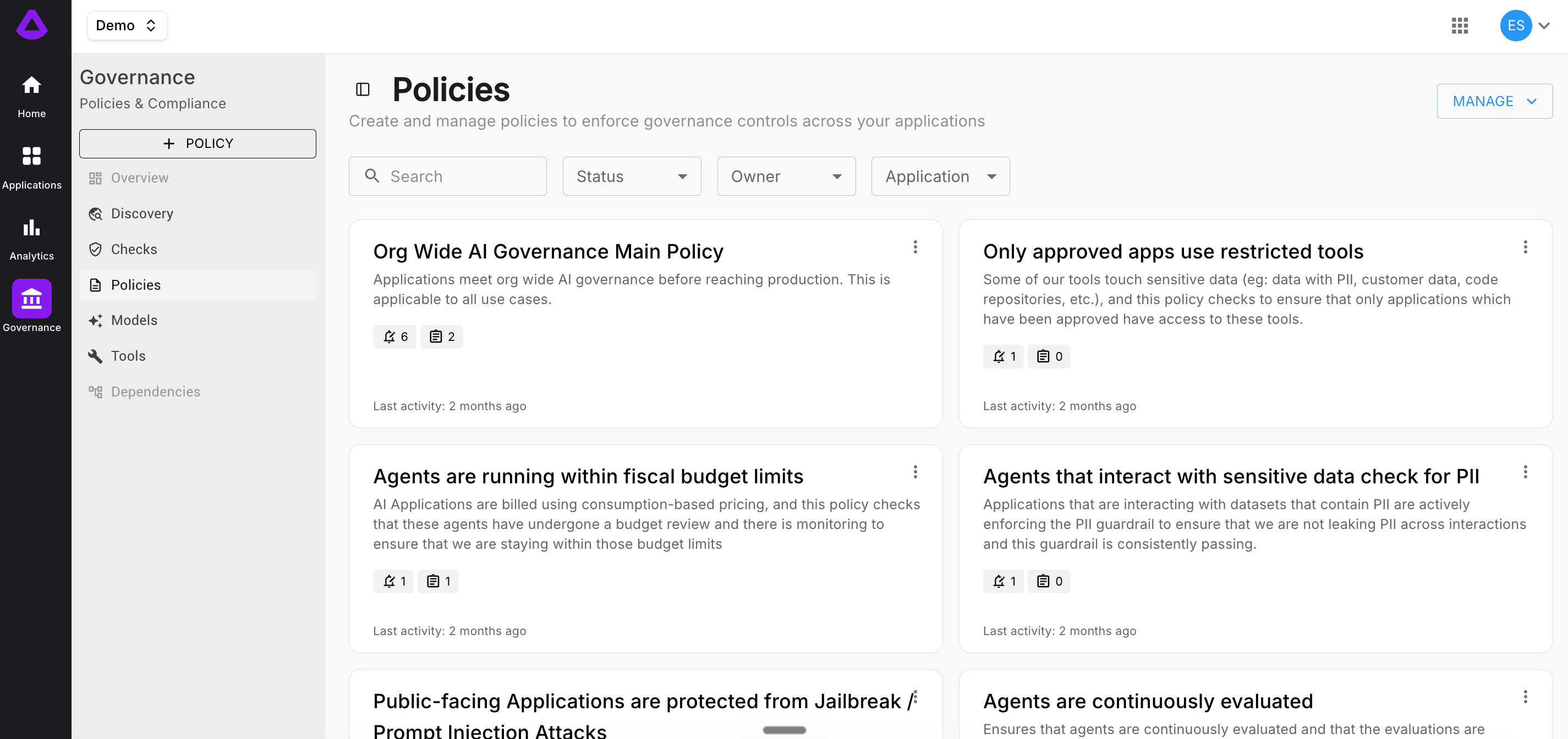 Arthur platform — Governance Policies dashboard listing org-wide AI governance policies, tool-access controls, budget limits, and PII checks across applications