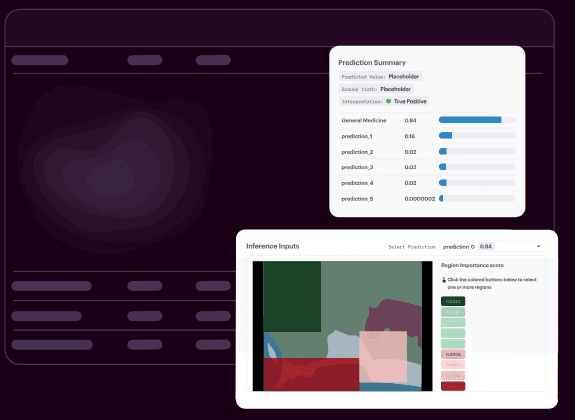 Arthur CV dashboard showing a prediction summary and an inference inputs panel with region importance scores