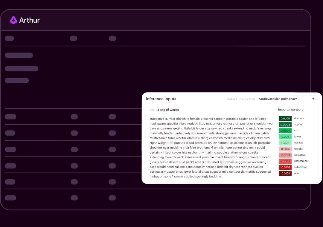 Arthur NLP explainability dashboard showing inference inputs and importance scores