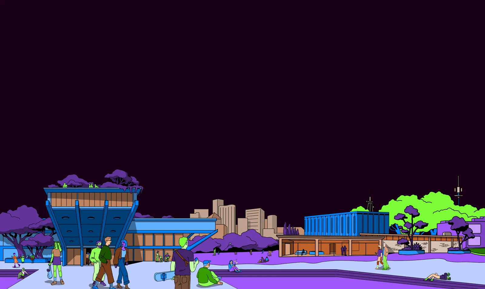 Stylized neon-purple cityscape illustration of people and buildings at dusk, Arthur’s brand artwork.