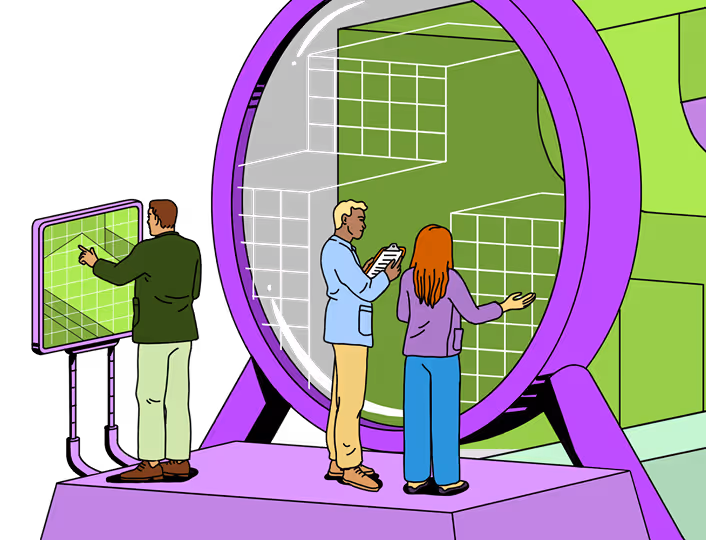 Three people interacting with AI dashboards
