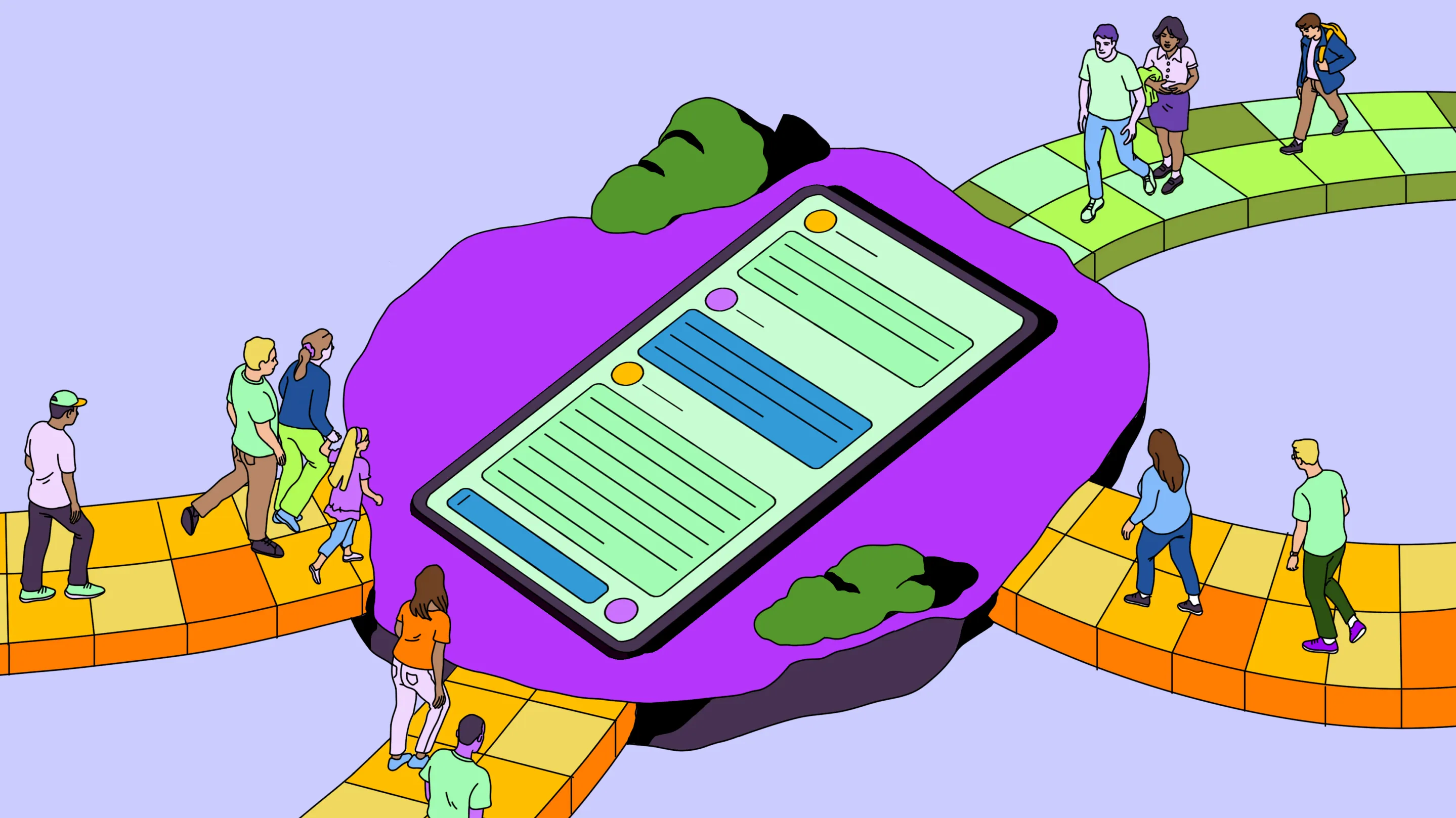 People walking toward an oversized tablet running Arthur Chat