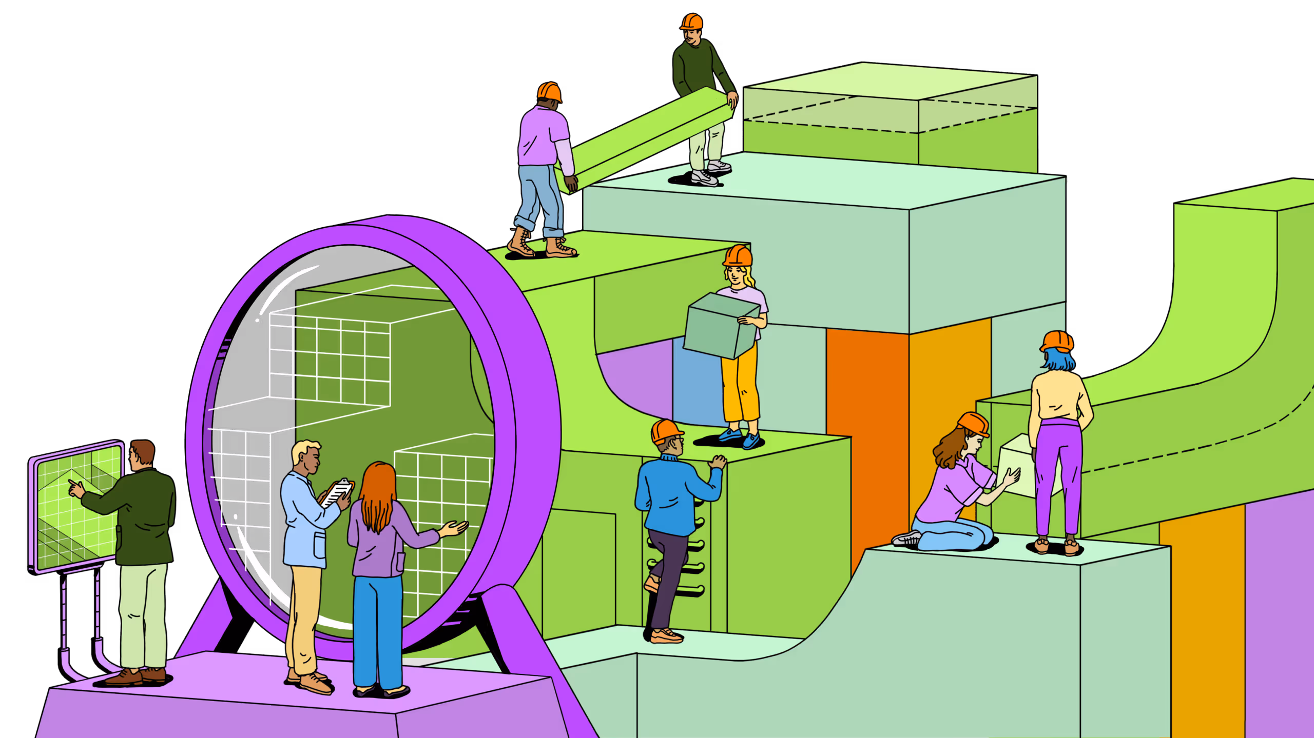 Illustration of people in safety helmets collaborating on assembling and inspecting large colorful geometric blocks with a magnifying glass and touchscreen display